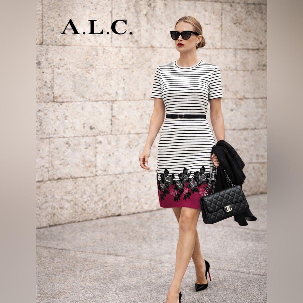 A.L.C.,Classic Striped w/Cabernet Floral Motif, Stretch, Dress, EUC,Size Medium